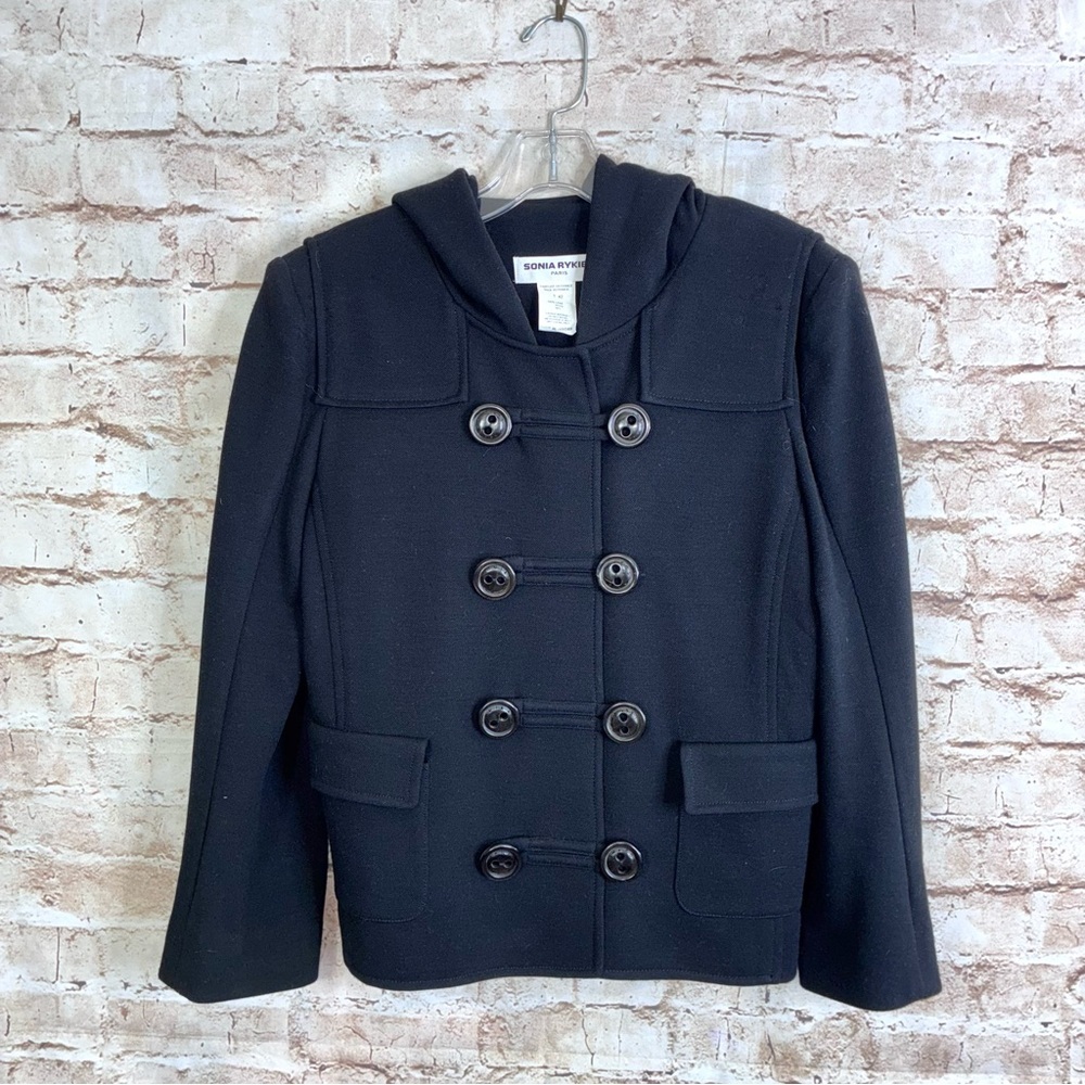 SONIA RYKIEL Vintage 100% Wool Pique Hooded Crop Pea SweaterJacket Size 42 US 10